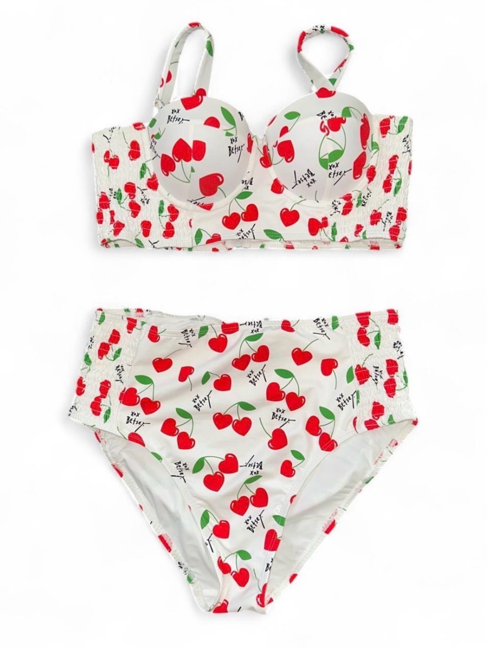 NWT Betsey Johnson Cherry Print High Waisted Bikini Set White